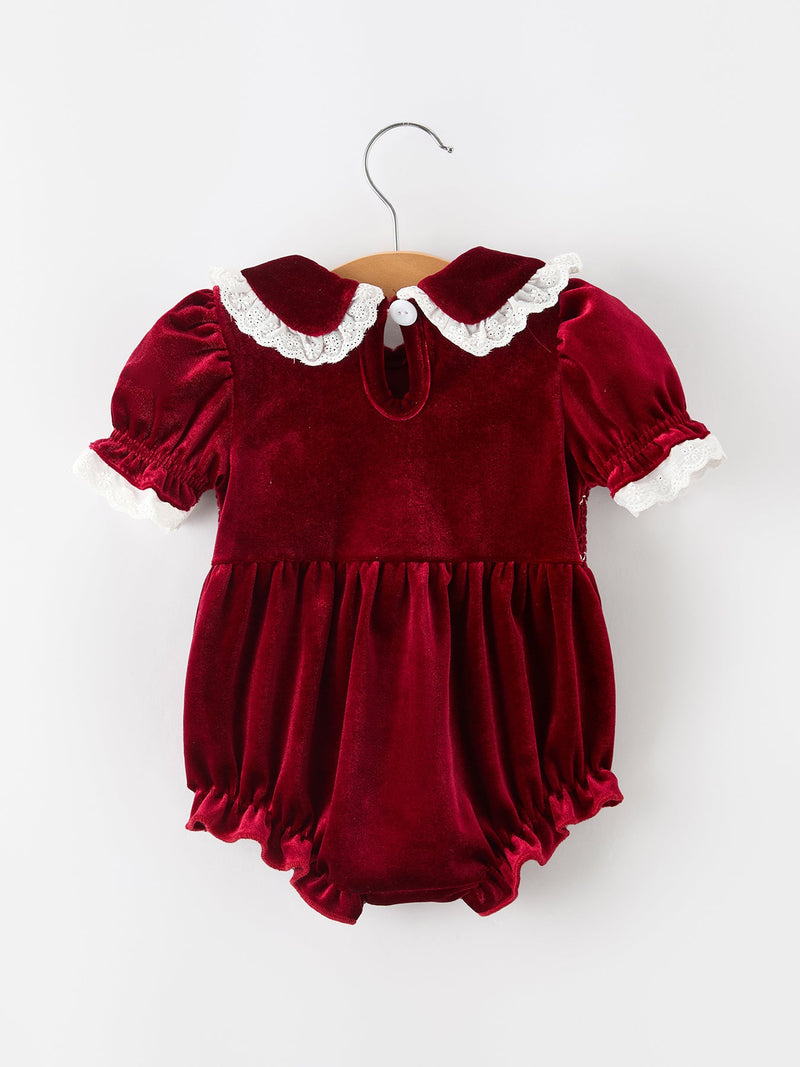 Christmas Burgundy Velvet Baby Girl Smocked Pearl Romper - 2