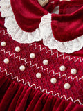 Christmas Burgundy Velvet Baby Girl Smocked Pearl Romper - 3