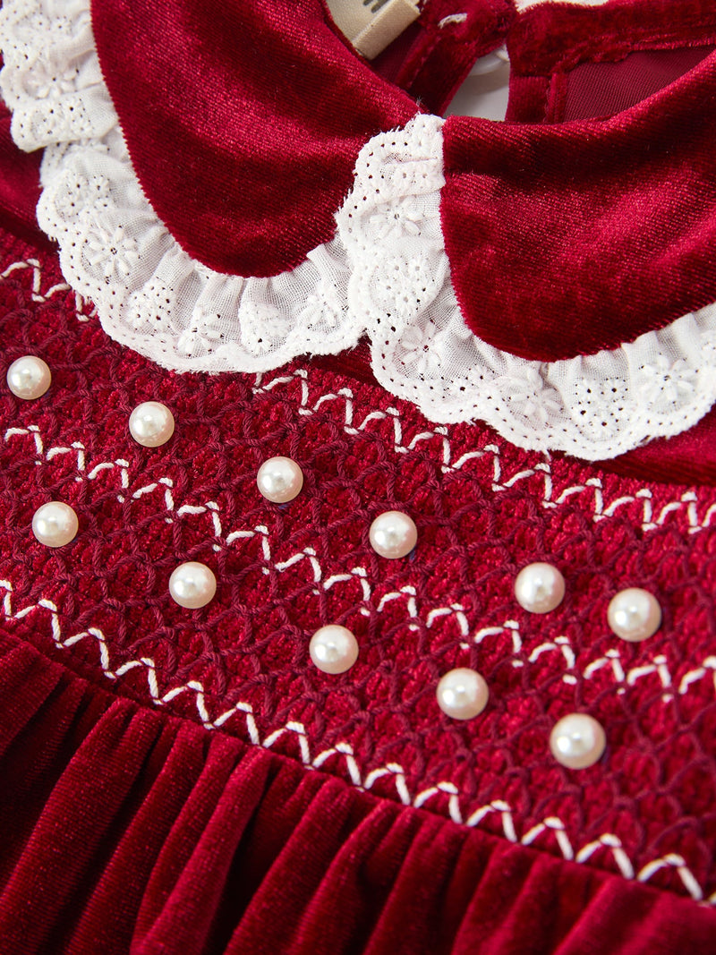 Christmas Burgundy Velvet Baby Girl Smocked Pearl Romper - 3