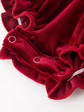 Christmas Burgundy Velvet Baby Girl Smocked Pearl Romper - 4
