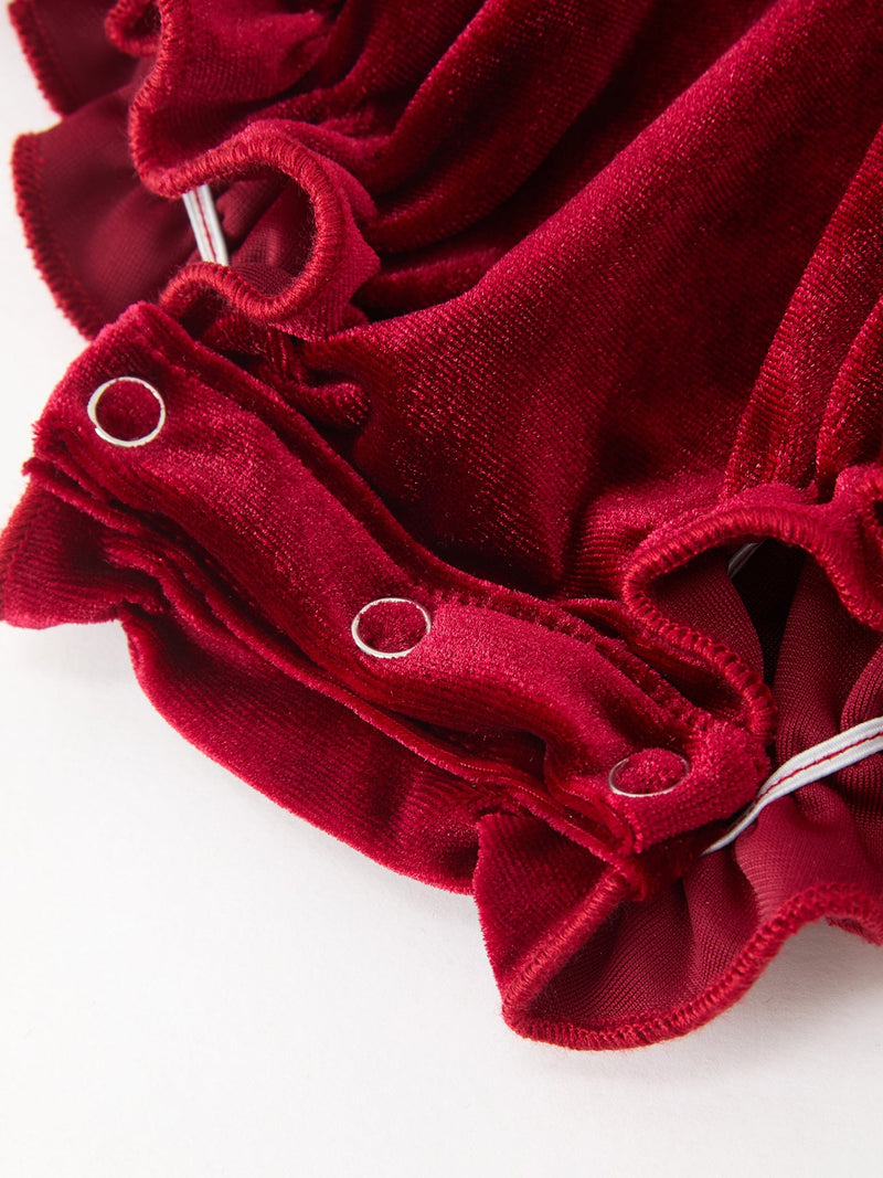 Christmas Burgundy Velvet Baby Girl Smocked Pearl Romper - 4