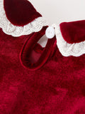 Christmas Burgundy Velvet Baby Girl Smocked Pearl Romper - 5