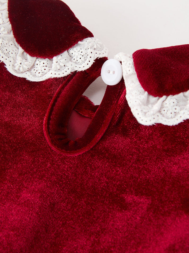 Christmas Burgundy Velvet Baby Girl Smocked Pearl Romper - 5