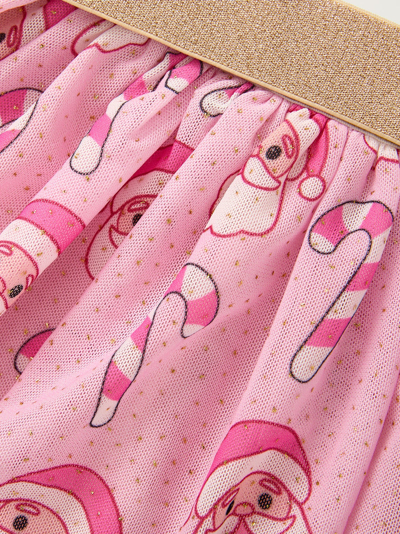 Girls Pink Christmas Santa Candy Cane Print Tutu Skirt - 4