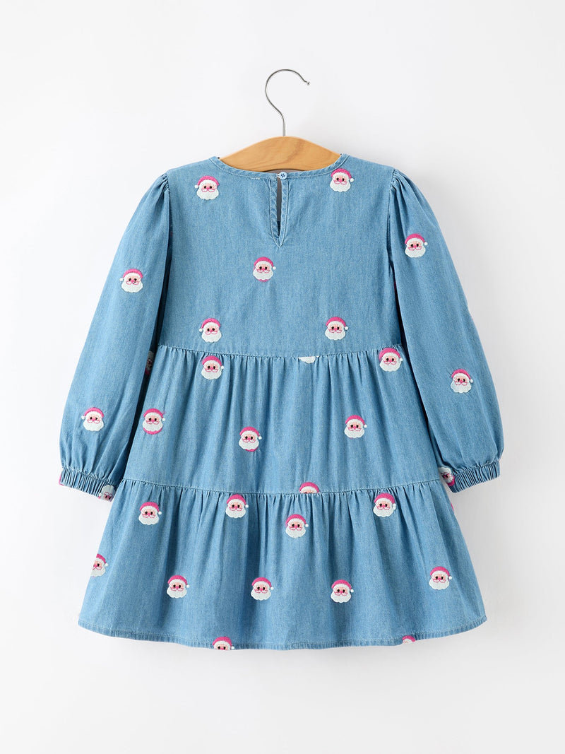 Christmas Santa Embroidered Girls Denim Dress - 2