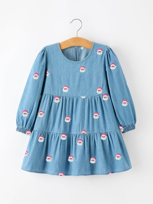 Christmas Santa Embroidered Girls Denim Dress