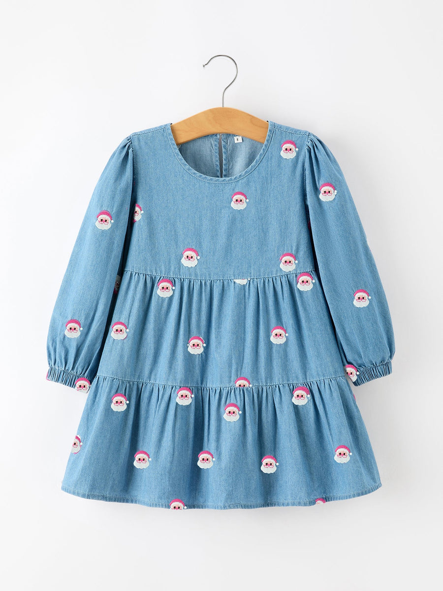 Christmas Santa Embroidered Girls Denim Dress