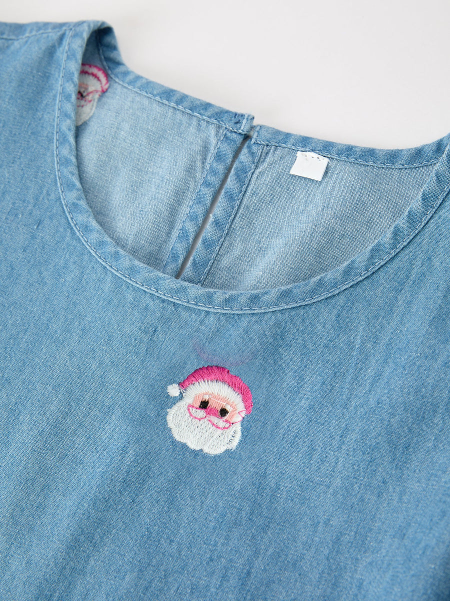 Christmas Santa Embroidered Girls Denim Dress