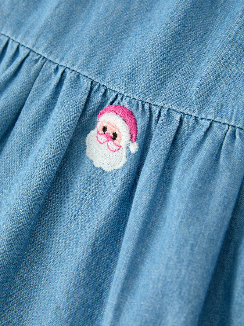 Christmas Santa Embroidered Girls Denim Dress - 4