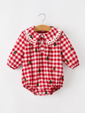 Christmas Tree Embroidered Red Plaid Baby Girls Ruffle Collar Romper - 1