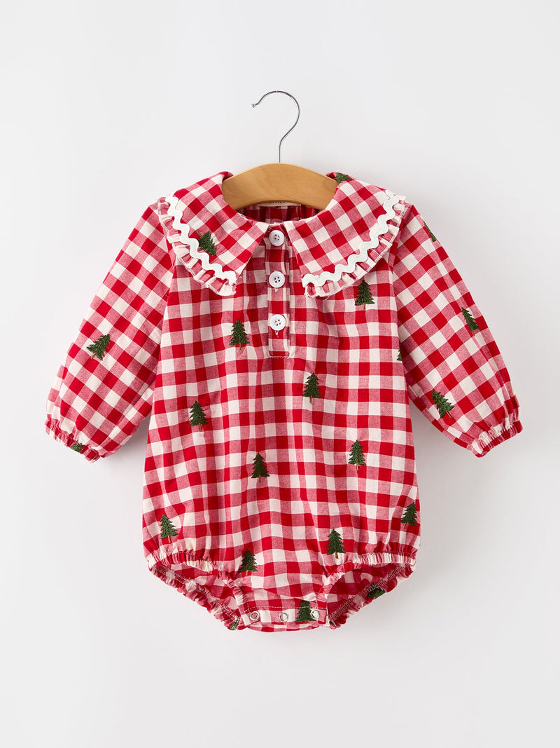 Christmas Tree Embroidered Red Plaid Baby Girls Ruffle Collar Romper - 1