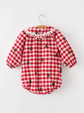Christmas Tree Embroidered Red Plaid Baby Girls Ruffle Collar Romper - 2