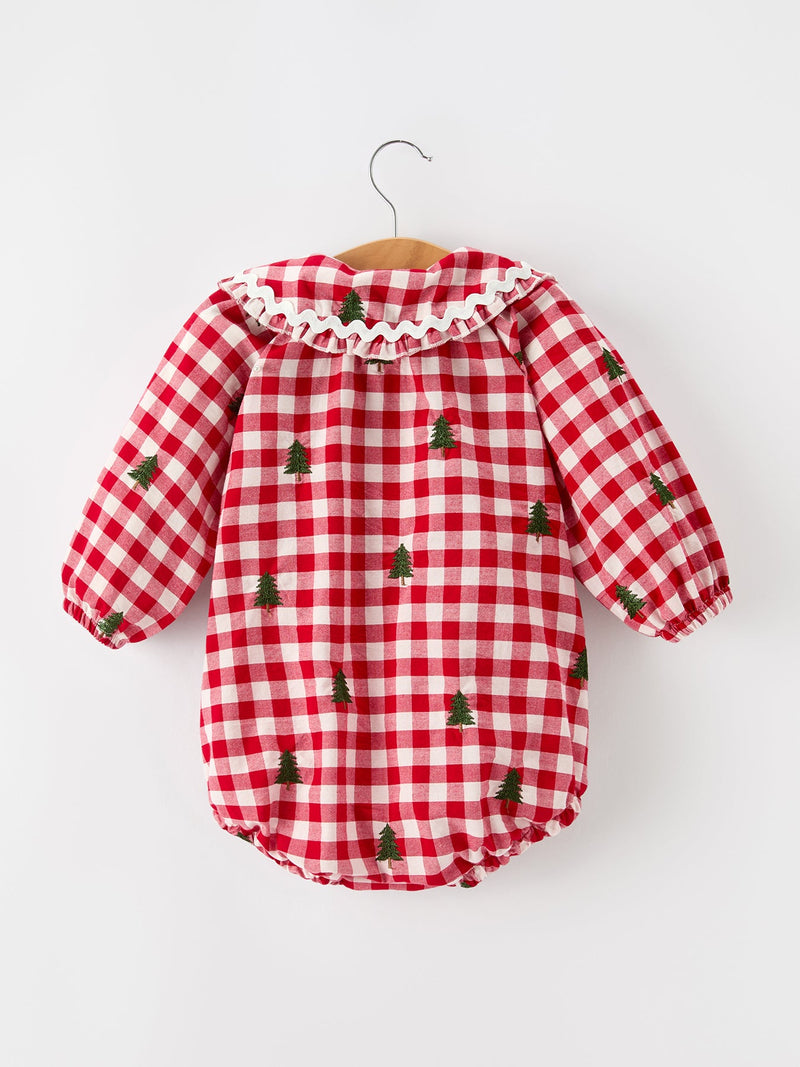 Christmas Tree Embroidered Red Plaid Baby Girls Ruffle Collar Romper - 2
