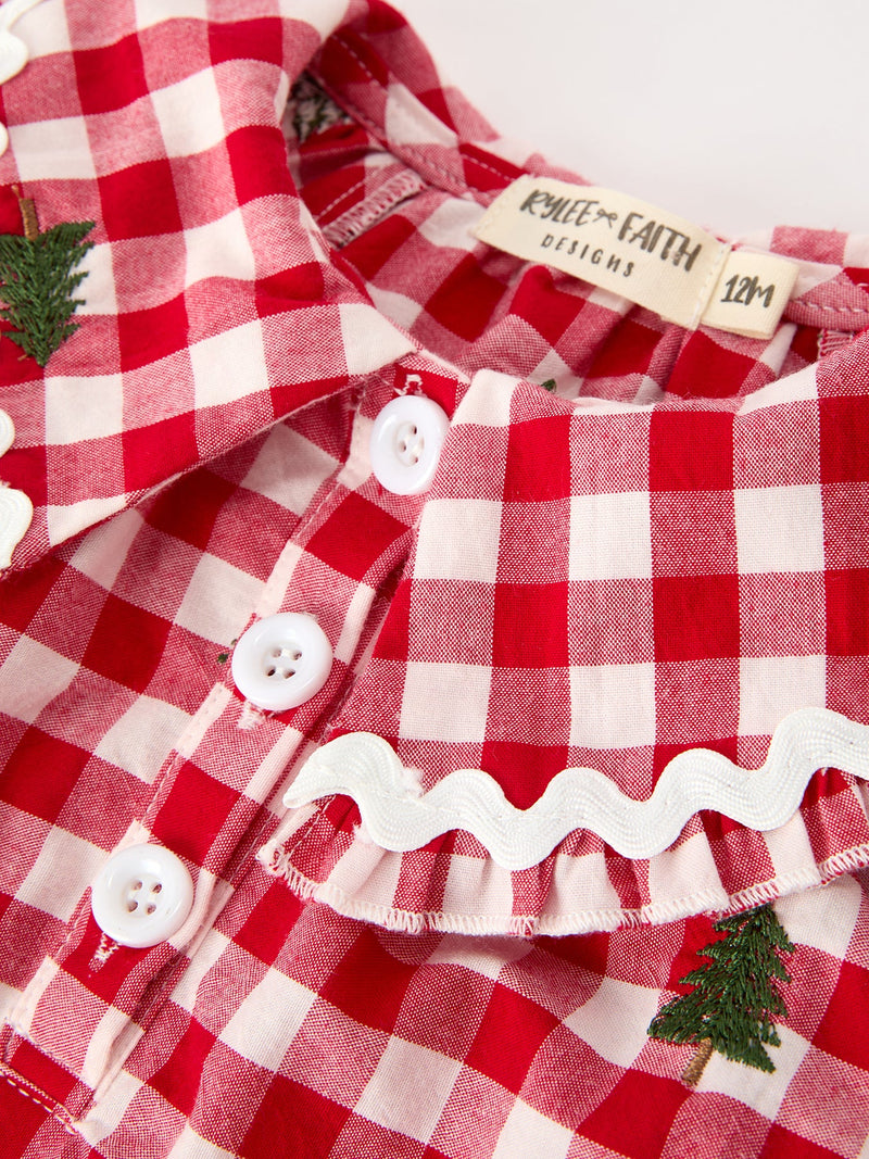 Christmas Tree Embroidered Red Plaid Baby Girls Ruffle Collar Romper - 3