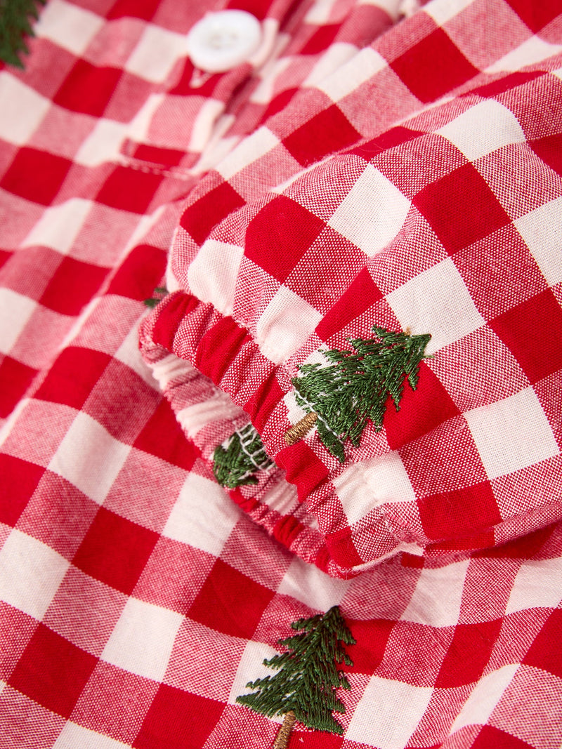 Christmas Tree Embroidered Red Plaid Baby Girls Ruffle Collar Romper - 4