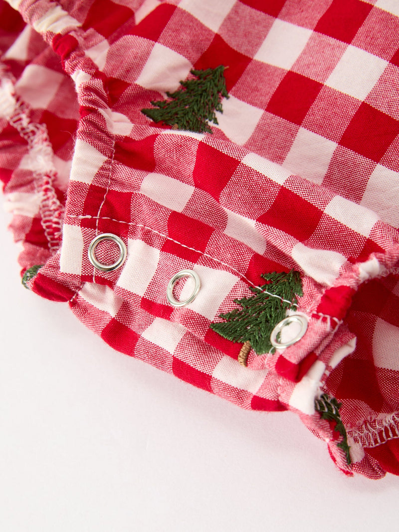 Christmas Tree Embroidered Red Plaid Baby Girls Ruffle Collar Romper - 5