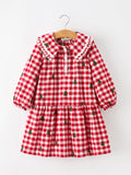 Christmas Tree Embroidered Plaid Girls Ruffle Collar Dress - 1