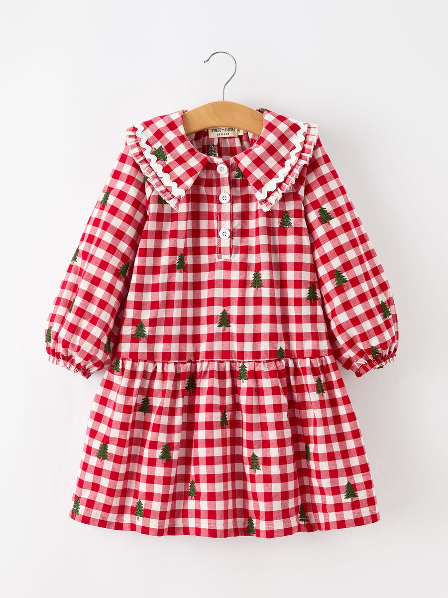 Christmas Tree Embroidered Plaid Girls Ruffle Collar Dress