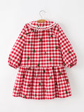 Christmas Tree Embroidered Plaid Girls Ruffle Collar Dress - 2