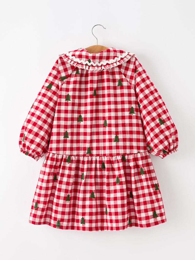 Christmas Tree Embroidered Plaid Girls Ruffle Collar Dress - 2
