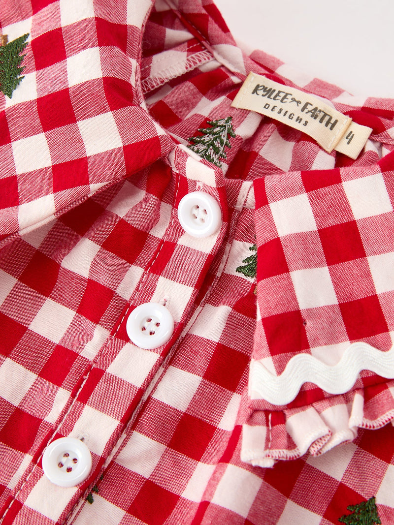 Christmas Tree Embroidered Plaid Girls Ruffle Collar Dress - 3