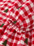 Christmas Tree Embroidered Plaid Girls Ruffle Collar Dress - 4