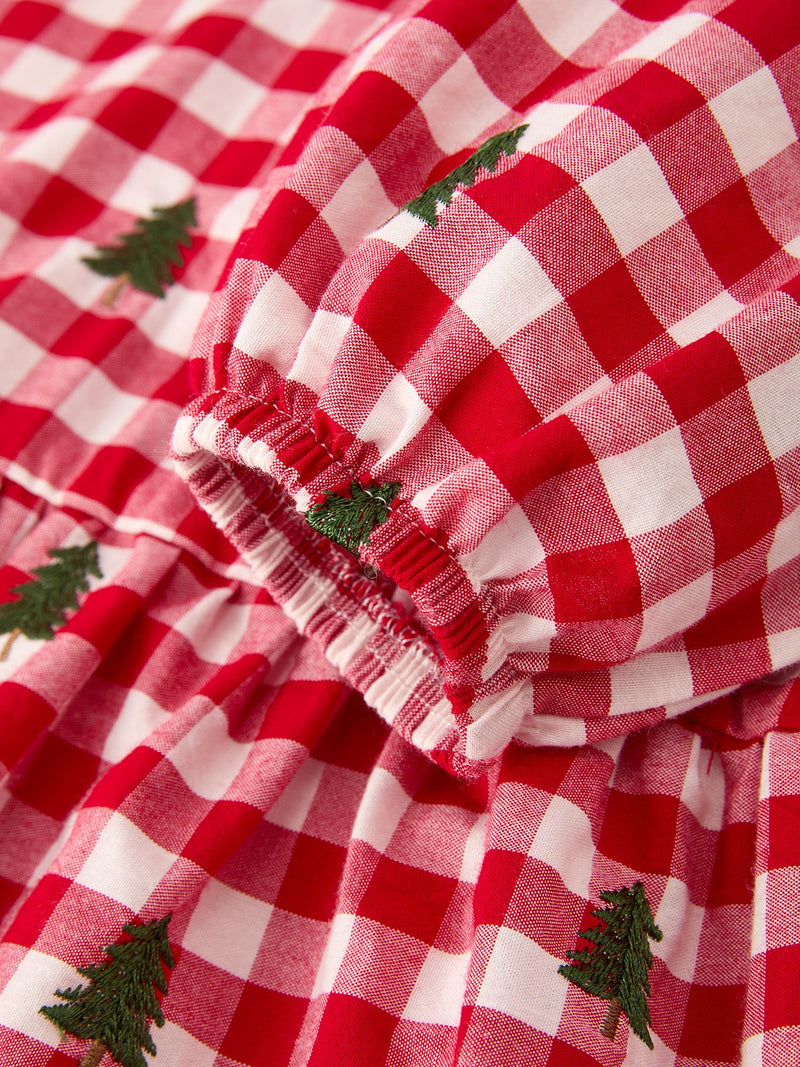 Christmas Tree Embroidered Plaid Girls Ruffle Collar Dress - 4