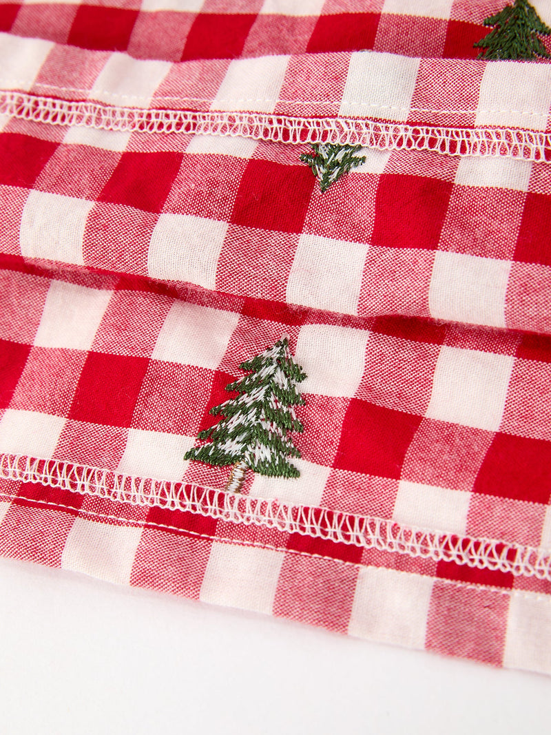 Christmas Tree Embroidered Plaid Girls Ruffle Collar Dress - 5