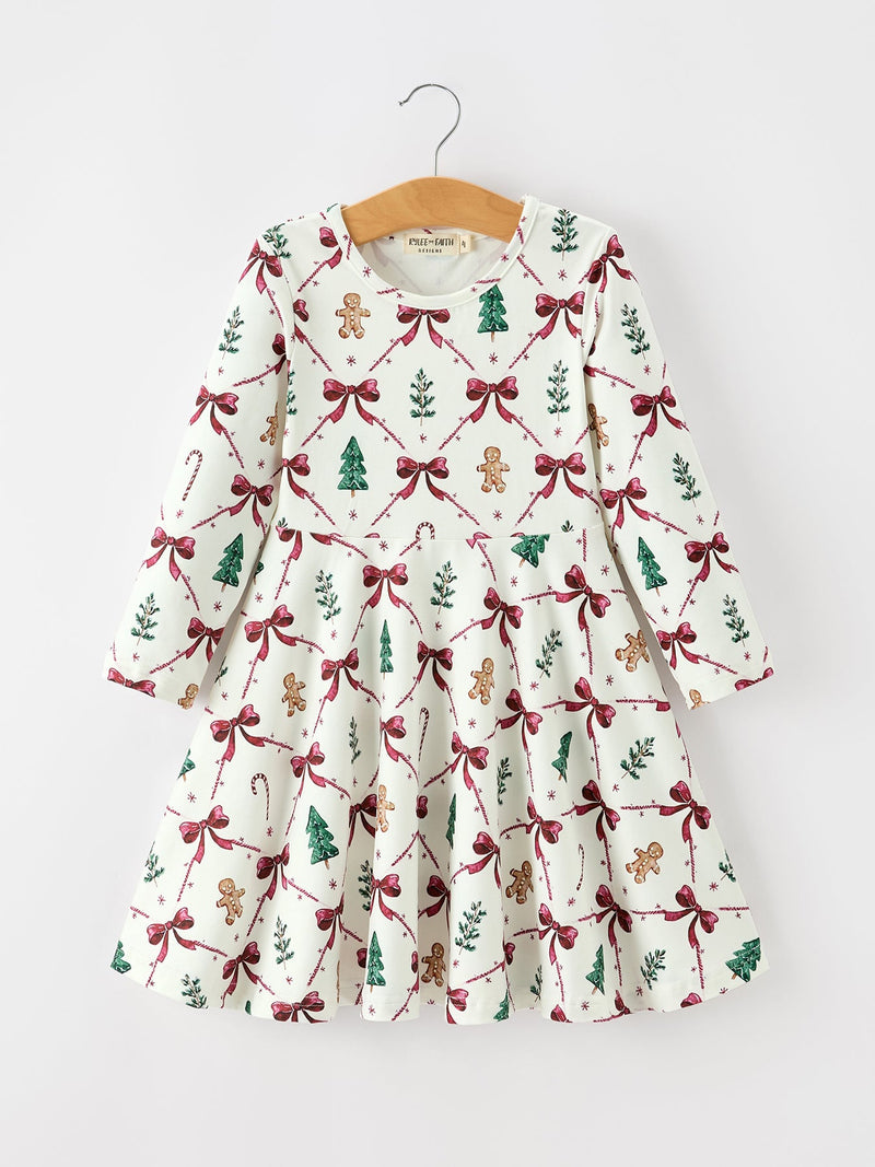 Christmas Bow and Gingerbread Print Girls Twirl Dress - 1