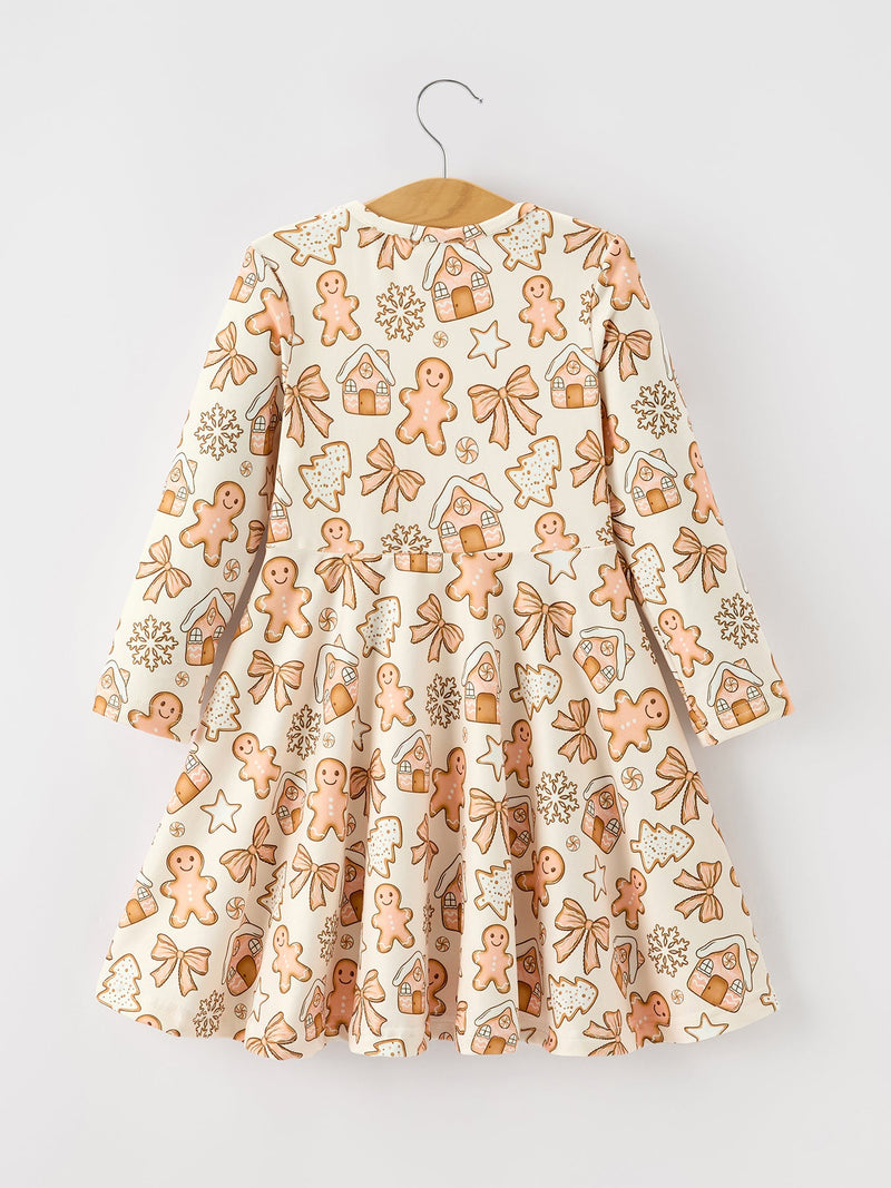 Christmas Gingerbread Cookie Girls Long Sleeve Twirl Dress - 2