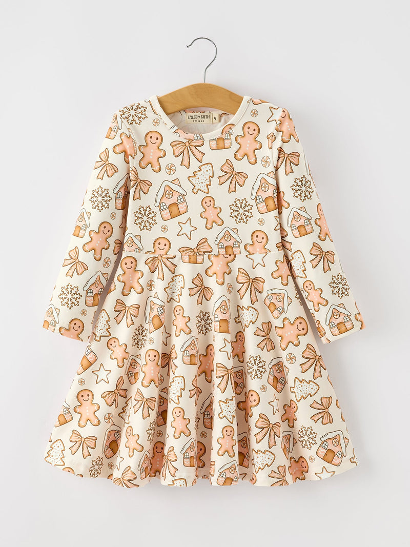 Christmas Gingerbread Cookie Girls Long Sleeve Twirl Dress - 1