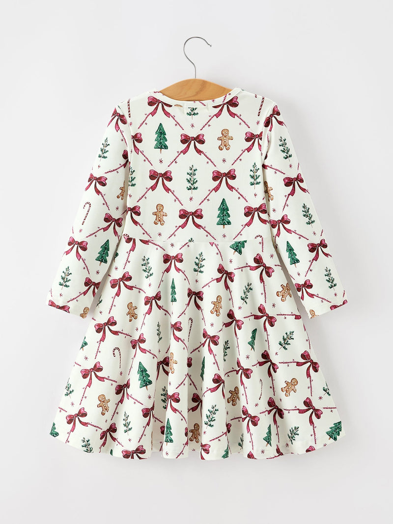 Christmas Bow and Gingerbread Print Girls Twirl Dress - 2