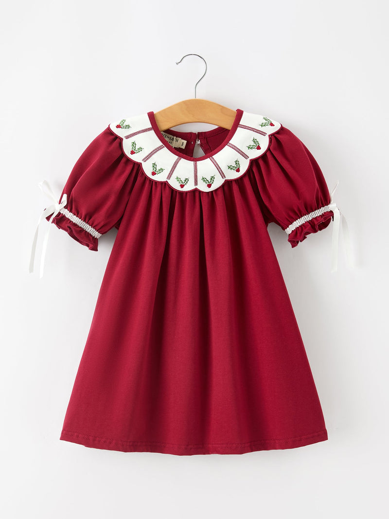 Christmas Holly Embroidered Girls Dress Petals Collar Puff Sleeve - 1