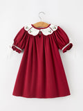 Christmas Holly Embroidered Girls Dress Petals Collar Puff Sleeve - 2