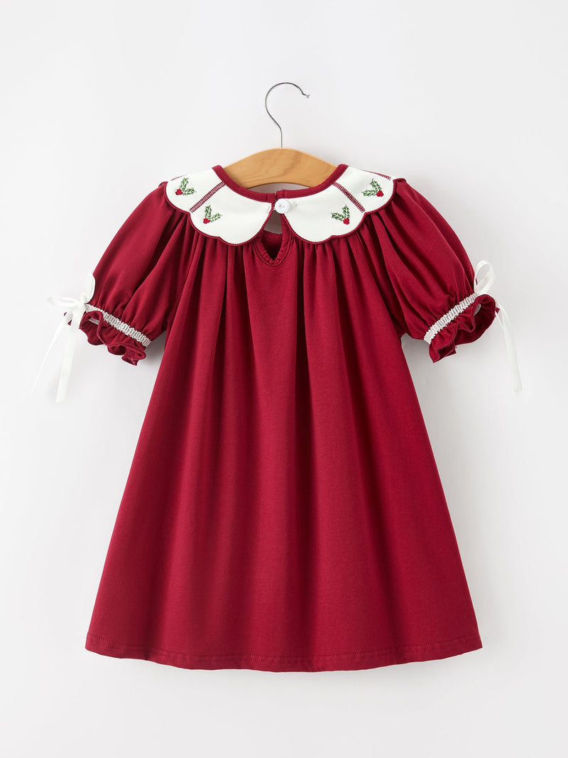 Christmas Holly Embroidered Girls Dress Petals Collar Puff Sleeve - 2