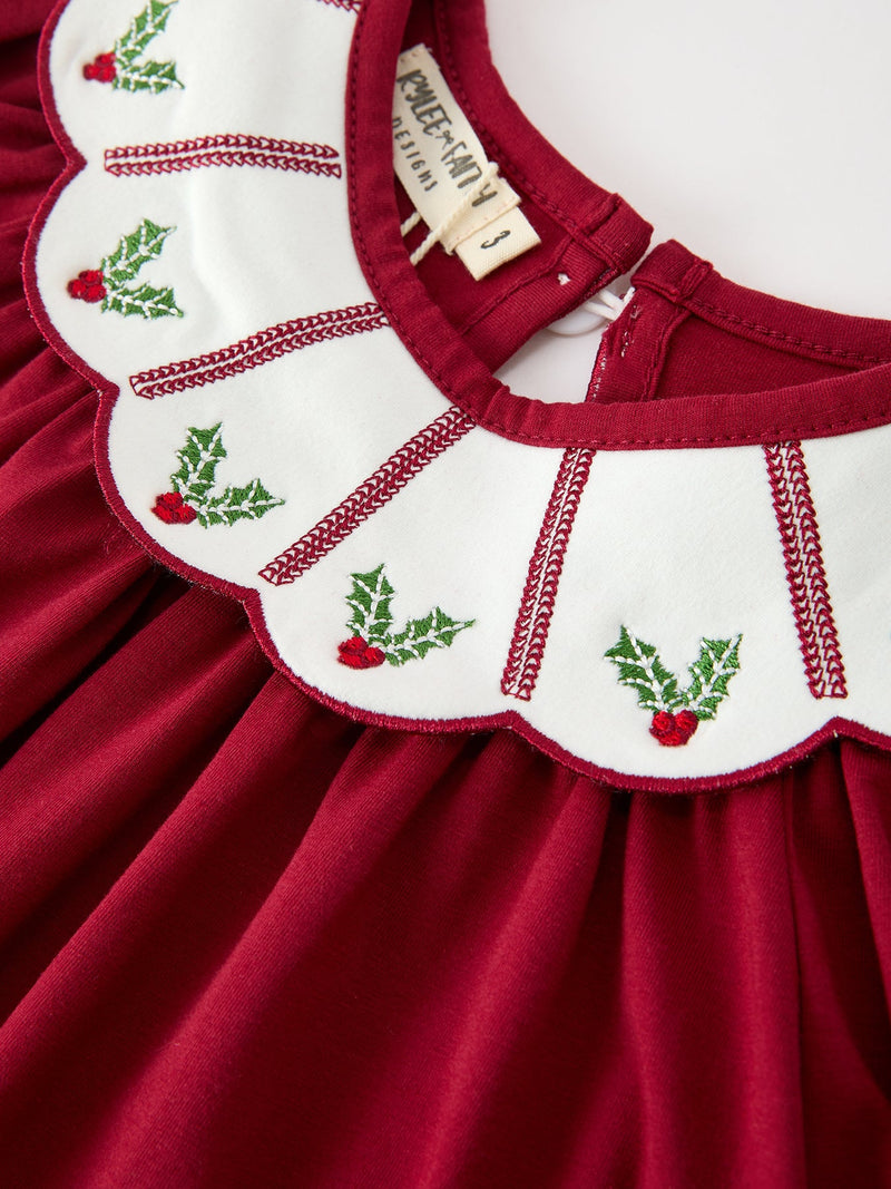 Christmas Holly Embroidered Girls Dress Petals Collar Puff Sleeve - 3