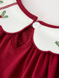 Christmas Holly Embroidered Girls Dress Petals Collar Puff Sleeve - 5