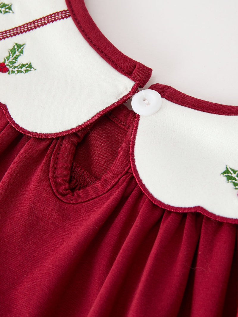 Christmas Holly Embroidered Girls Dress Petals Collar Puff Sleeve - 5