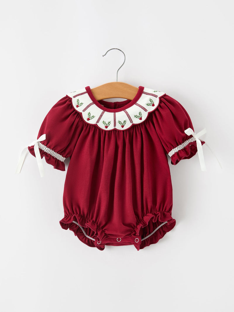 Christmas Holly Embroidered Baby Romper Petals Collar Ruffle - 1