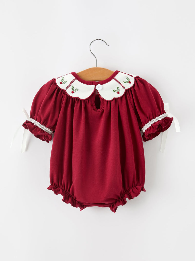 Christmas Holly Embroidered Baby Romper Petals Collar Ruffle - 2