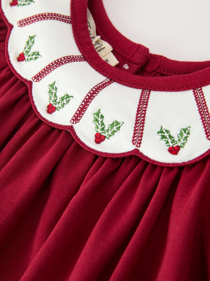 Christmas Holly Embroidered Baby Romper Petals Collar Ruffle - 3
