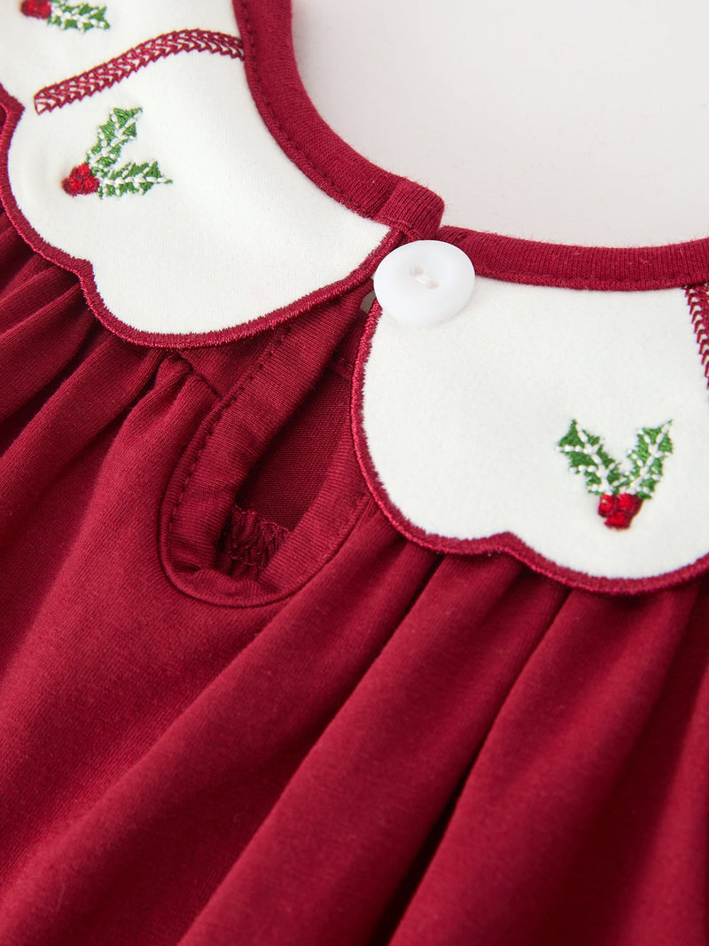 Christmas Holly Embroidered Baby Romper Petals Collar Ruffle - 5