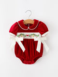 Christmas Velvet Baby Romper Smocked Embroidery Bow - 1
