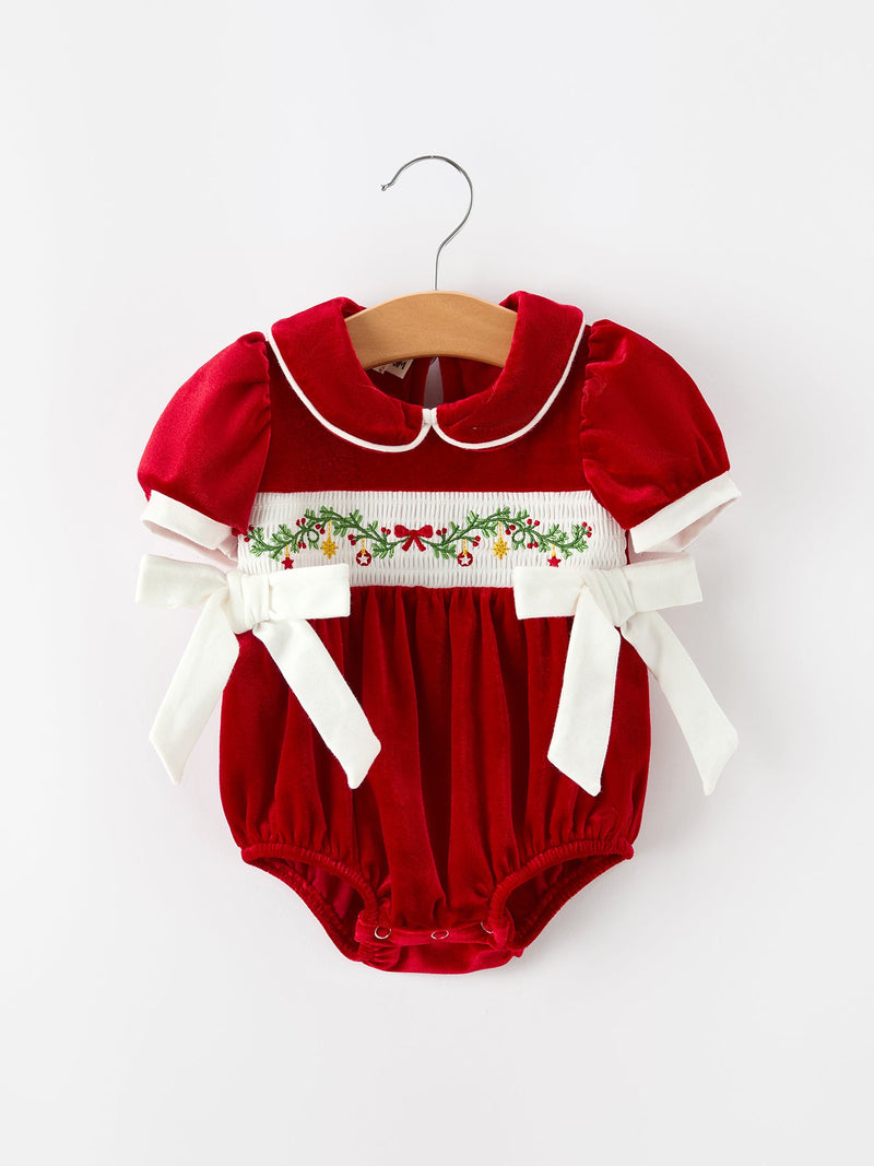 Christmas Velvet Baby Romper Smocked Embroidery Bow - 1