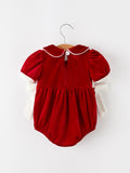 Christmas Velvet Baby Romper Smocked Embroidery Bow - 2