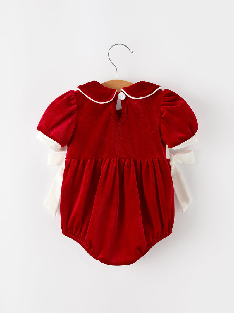 Christmas Velvet Baby Romper Smocked Embroidery Bow - 2