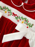 Christmas Velvet Baby Romper Smocked Embroidery Bow - 3