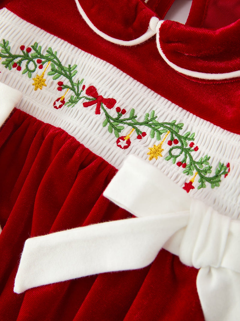 Christmas Velvet Baby Romper Smocked Embroidery Bow - 3
