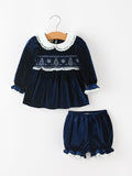 Girls Christmas Navy Velvet Smocked Top And Bloomers Outfit - 1