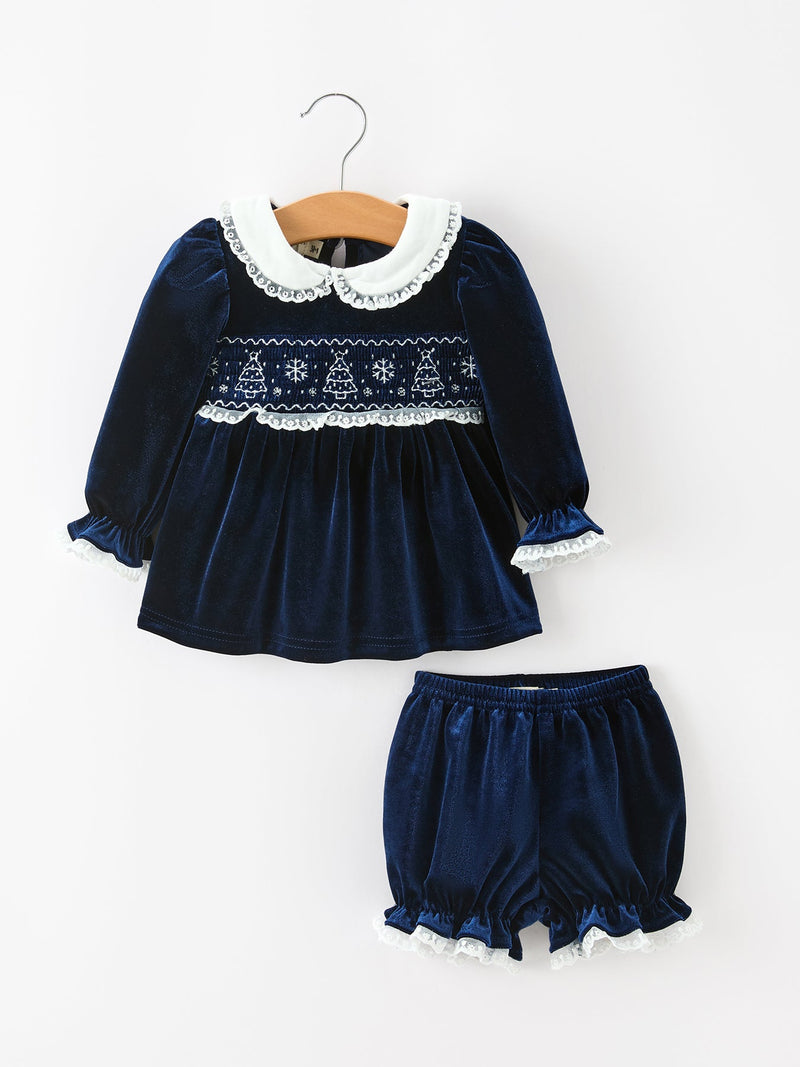 Girls Christmas Navy Velvet Smocked Top And Bloomers Outfit - 1